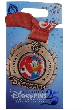 DisneyPins 25th Anniversary Donald Duck Medal Pin with Red Ribbon